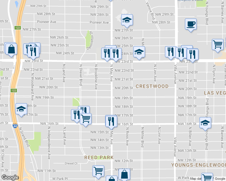 map of restaurants, bars, coffee shops, grocery stores, and more near 2905 Northwest 20th Street in Oklahoma City