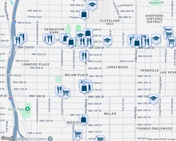 map of restaurants, bars, coffee shops, grocery stores, and more near 2905 Northwest 20th Street in Oklahoma City