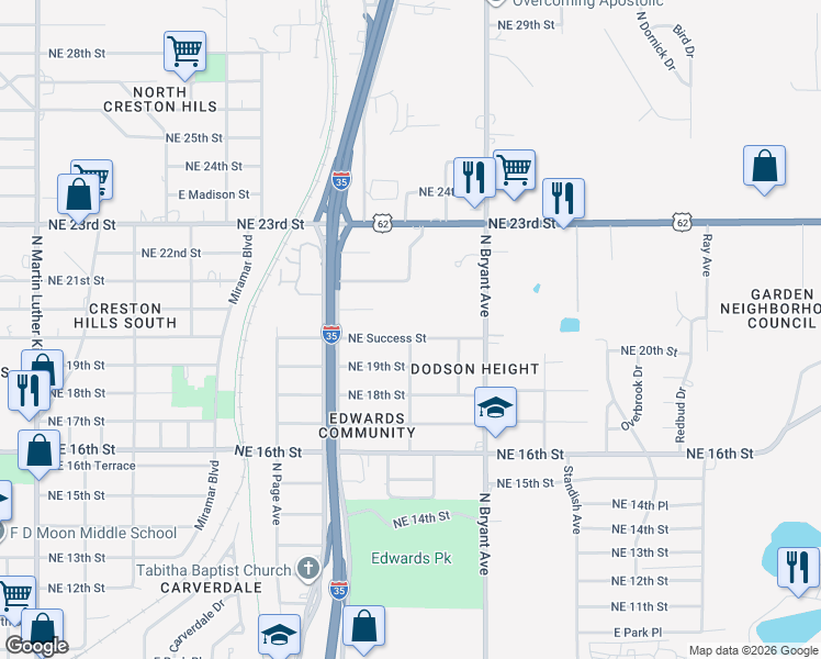 map of restaurants, bars, coffee shops, grocery stores, and more near 2725 Northeast Success Street in Oklahoma City