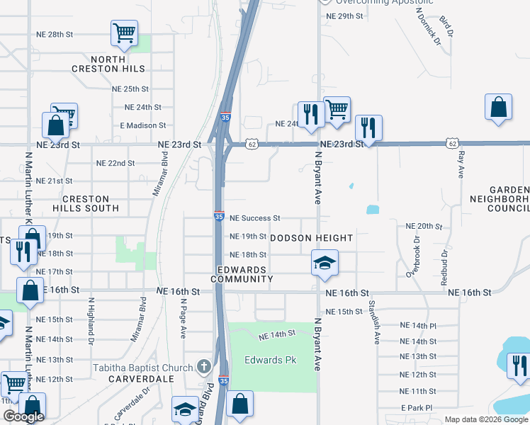 map of restaurants, bars, coffee shops, grocery stores, and more near 2725 NE Success St in Oklahoma City