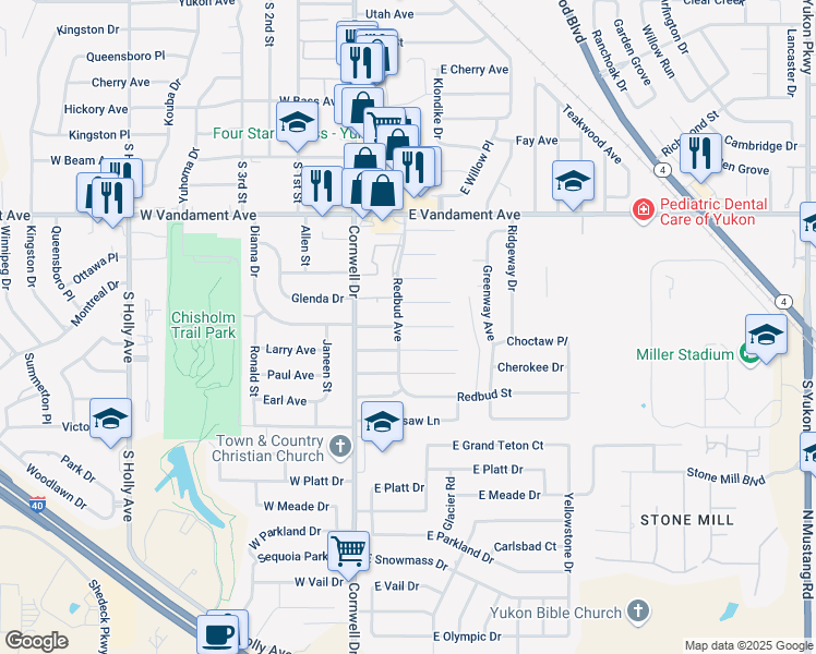 map of restaurants, bars, coffee shops, grocery stores, and more near 107 Palm Street in Yukon