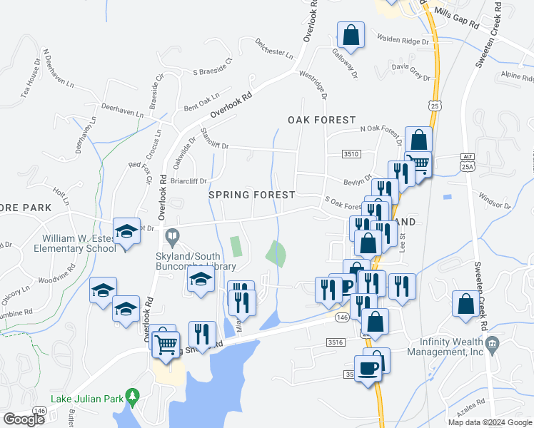 map of restaurants, bars, coffee shops, grocery stores, and more near 93 State Road 3506 in Asheville