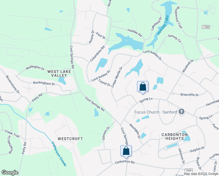 map of restaurants, bars, coffee shops, grocery stores, and more near 1603 Crepe Myrtle Drive in Sanford