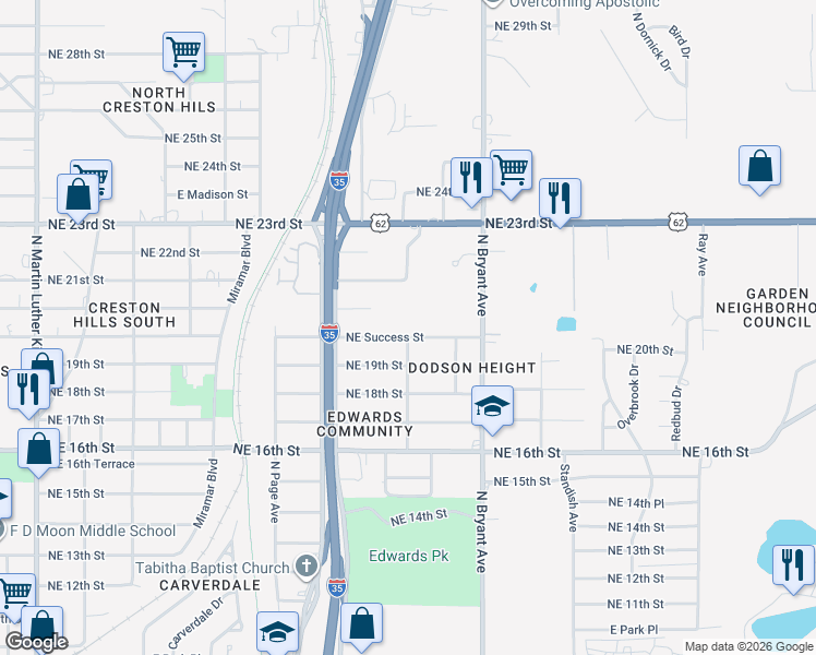 map of restaurants, bars, coffee shops, grocery stores, and more near 2725 Northeast Success Street in Oklahoma City