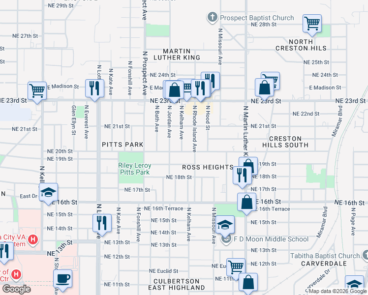 map of restaurants, bars, coffee shops, grocery stores, and more near 2112 North Kelham Avenue in Oklahoma City