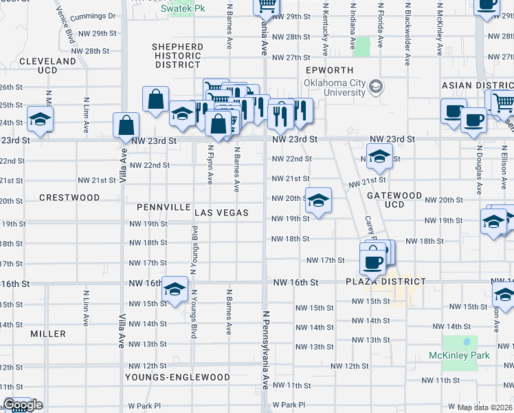 map of restaurants, bars, coffee shops, grocery stores, and more near 2100 Northwest 20th Street in Oklahoma City