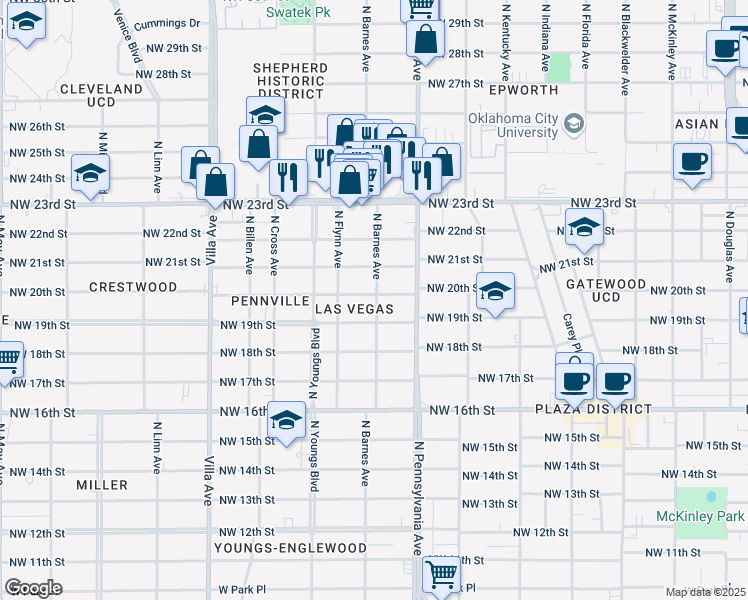 map of restaurants, bars, coffee shops, grocery stores, and more near 2200 Northwest 20th Street in Oklahoma City