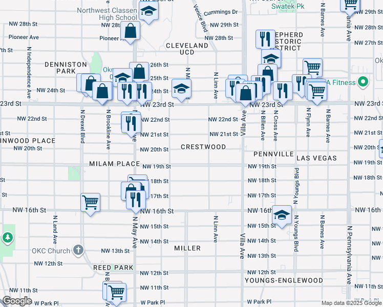 map of restaurants, bars, coffee shops, grocery stores, and more near 2746 Northwest 20th Street in Oklahoma City