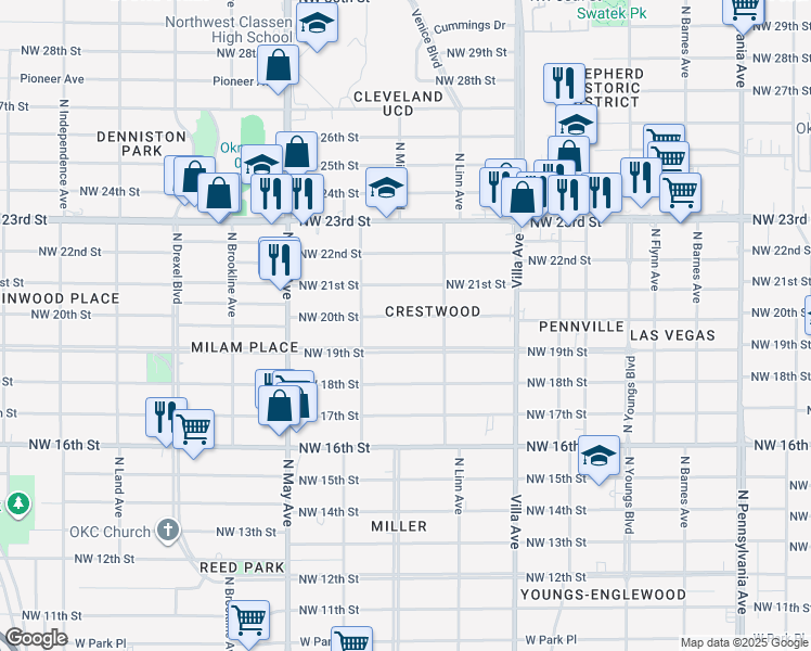 map of restaurants, bars, coffee shops, grocery stores, and more near 2746 Northwest 20th Street in Oklahoma City