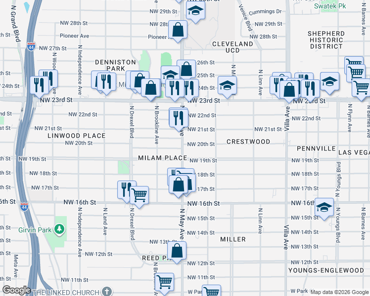map of restaurants, bars, coffee shops, grocery stores, and more near 2905 Northwest 20th Street in Oklahoma City