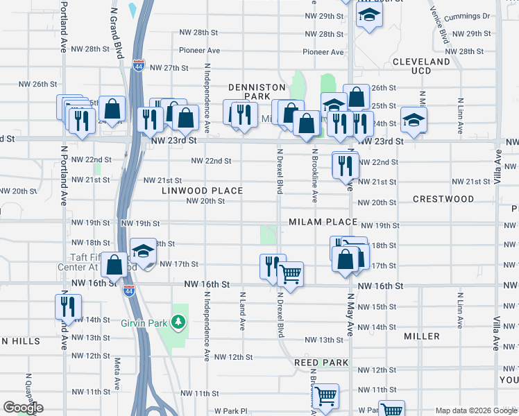 map of restaurants, bars, coffee shops, grocery stores, and more near 3140 Northwest 20th Street in Oklahoma City