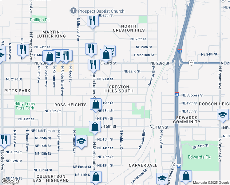 map of restaurants, bars, coffee shops, grocery stores, and more near 2100 Hardin Drive in Oklahoma City