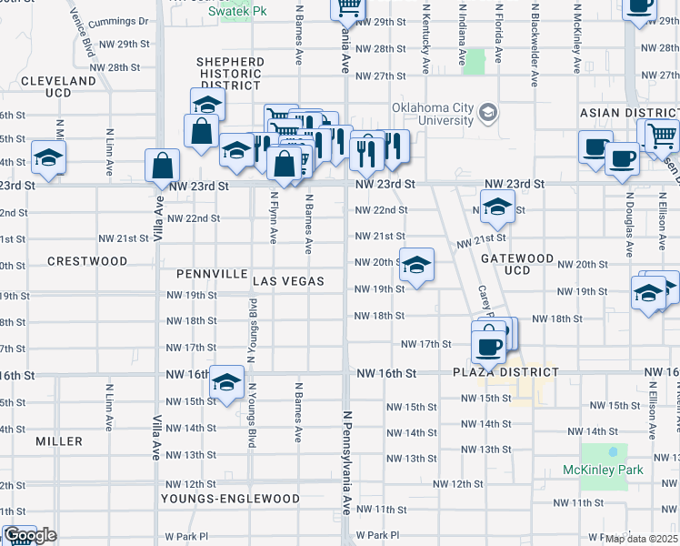 map of restaurants, bars, coffee shops, grocery stores, and more near 2100 Northwest 20th Street in Oklahoma City