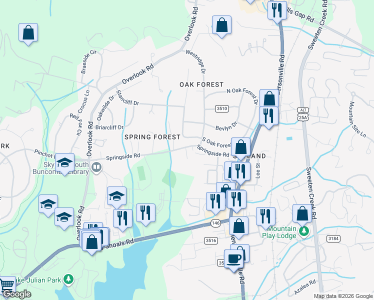 map of restaurants, bars, coffee shops, grocery stores, and more near 14 Springside Park in Asheville