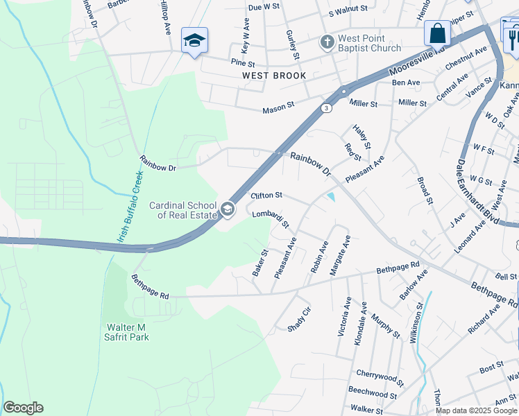 map of restaurants, bars, coffee shops, grocery stores, and more near 1252 Lombardi Street in Kannapolis