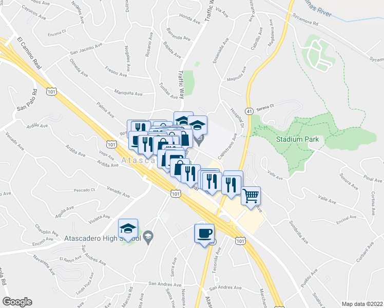 map of restaurants, bars, coffee shops, grocery stores, and more near 6500 Palma Avenue in Atascadero