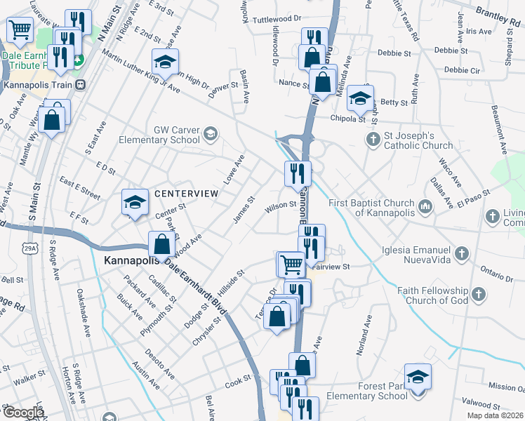 map of restaurants, bars, coffee shops, grocery stores, and more near 657 Wilson Street in Kannapolis