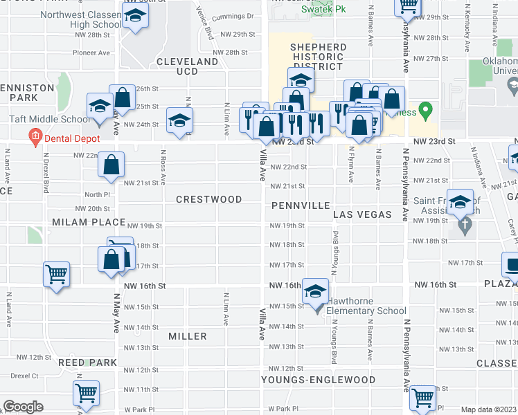 map of restaurants, bars, coffee shops, grocery stores, and more near 2500 Northwest 20th Street in Oklahoma City