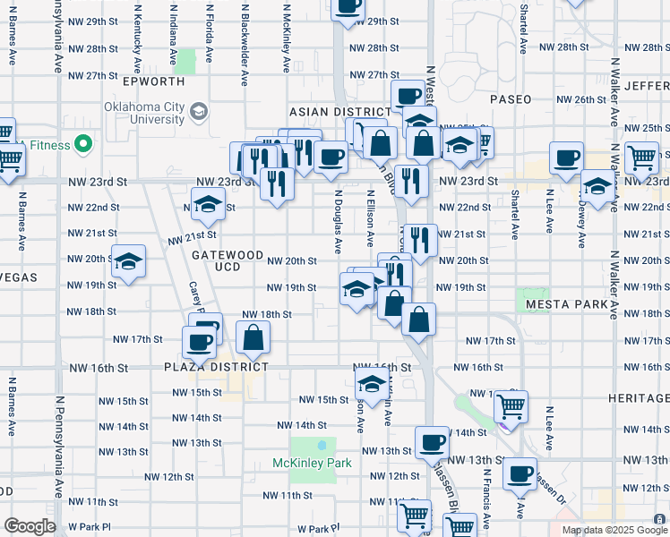 map of restaurants, bars, coffee shops, grocery stores, and more near 1400 Northwest 20th Street in Oklahoma City