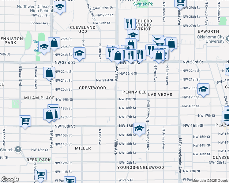 map of restaurants, bars, coffee shops, grocery stores, and more near 2500 Northwest 20th Street in Oklahoma City