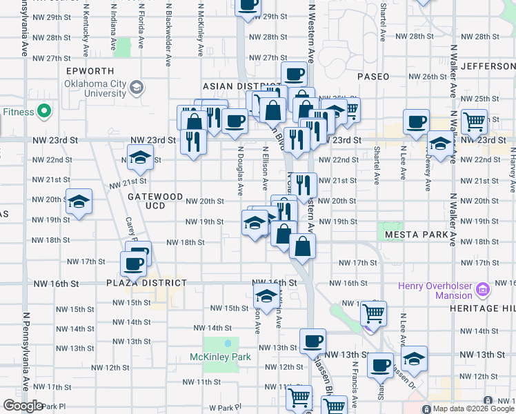 map of restaurants, bars, coffee shops, grocery stores, and more near 1300 Northwest 20th Street in Oklahoma City