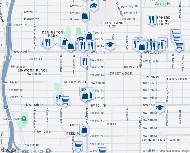 map of restaurants, bars, coffee shops, grocery stores, and more near 2836 Northwest 20th Street in Oklahoma City