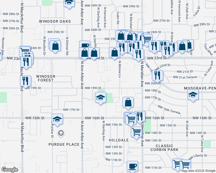 map of restaurants, bars, coffee shops, grocery stores, and more near 4721 Northwest 19th Street in Oklahoma City