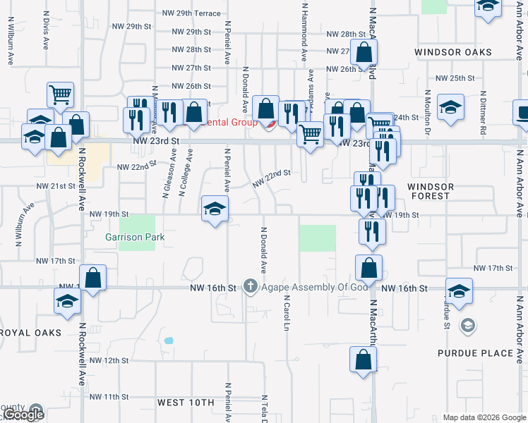 map of restaurants, bars, coffee shops, grocery stores, and more near 2005 North Donald Avenue in Bethany