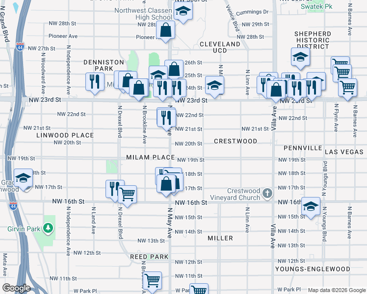 map of restaurants, bars, coffee shops, grocery stores, and more near 2836 Northwest 20th Street in Oklahoma City