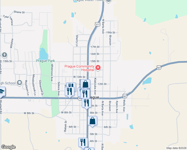 map of restaurants, bars, coffee shops, grocery stores, and more near 1310 North Jim Thorpe Boulevard in Prague