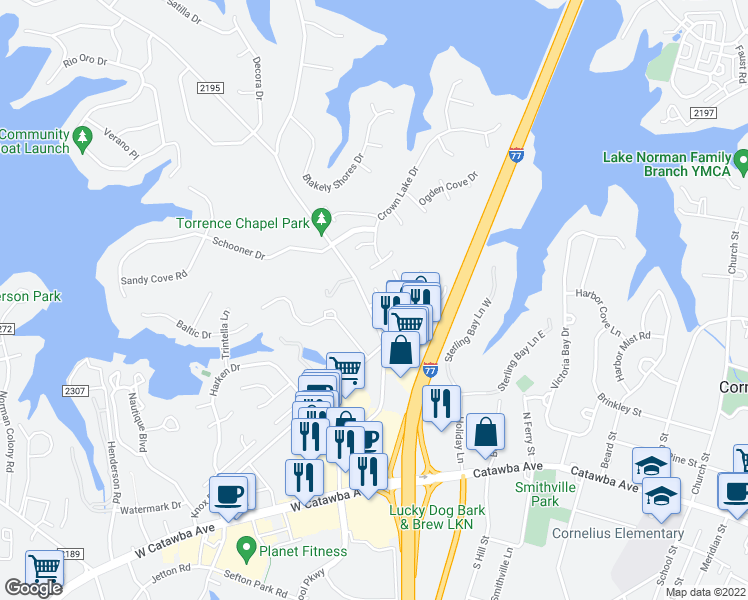map of restaurants, bars, coffee shops, grocery stores, and more near 21102 Torrence Chapel Road in Cornelius