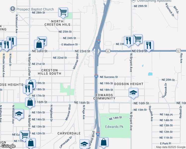 map of restaurants, bars, coffee shops, grocery stores, and more near 2031 Northeast Grand Boulevard in Oklahoma City