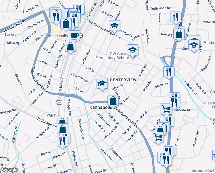 map of restaurants, bars, coffee shops, grocery stores, and more near 523 Old Centergrove Road in Kannapolis