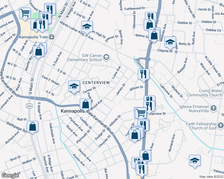 map of restaurants, bars, coffee shops, grocery stores, and more near 606 Foster Street in Kannapolis