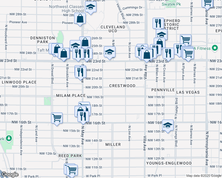 map of restaurants, bars, coffee shops, grocery stores, and more near 2746 Northwest 20th Street in Oklahoma City
