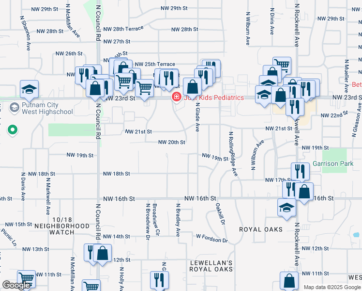 map of restaurants, bars, coffee shops, grocery stores, and more near 7608 Northwest 20th Street in Bethany