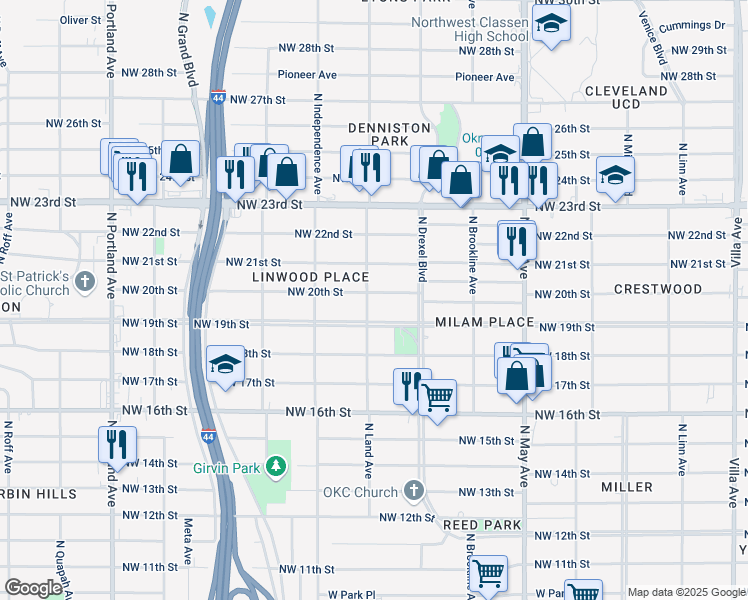 map of restaurants, bars, coffee shops, grocery stores, and more near 3140 Northwest 20th Street in Oklahoma City