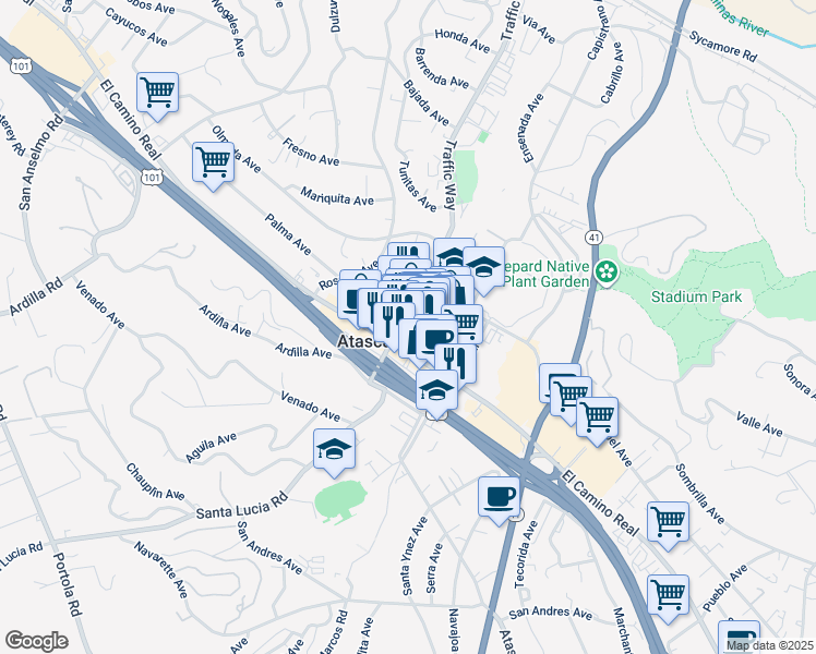 map of restaurants, bars, coffee shops, grocery stores, and more near 5955 Traffic Way in Atascadero