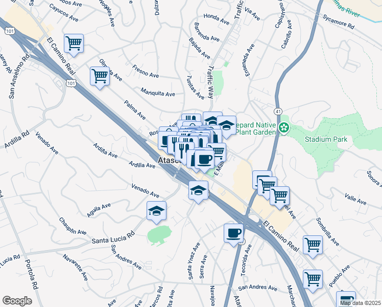map of restaurants, bars, coffee shops, grocery stores, and more near 5900 Entrada Avenue in Atascadero