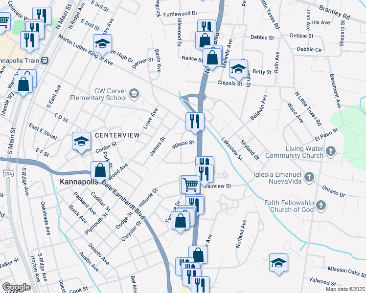 map of restaurants, bars, coffee shops, grocery stores, and more near 666 Wilson Street in Kannapolis