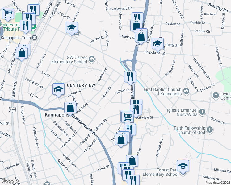 map of restaurants, bars, coffee shops, grocery stores, and more near 666 Wilson Street in Kannapolis