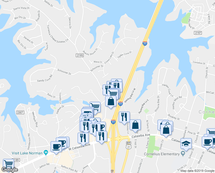 map of restaurants, bars, coffee shops, grocery stores, and more near 20216 Harroway Drive in Cornelius