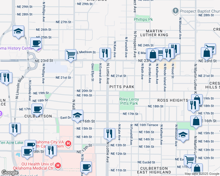 map of restaurants, bars, coffee shops, grocery stores, and more near in Oklahoma City
