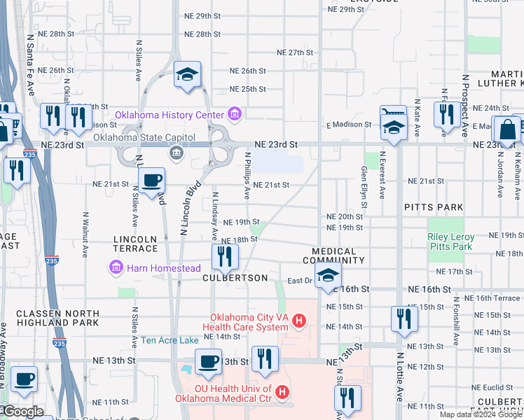 map of restaurants, bars, coffee shops, grocery stores, and more near 804 Northeast 20th Street in Oklahoma City