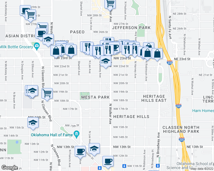 map of restaurants, bars, coffee shops, grocery stores, and more near 442 Northwest 20th Street in Oklahoma City