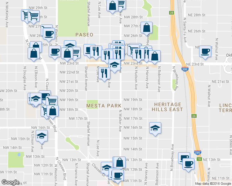map of restaurants, bars, coffee shops, grocery stores, and more near 442 Northwest 20th Street in Oklahoma City