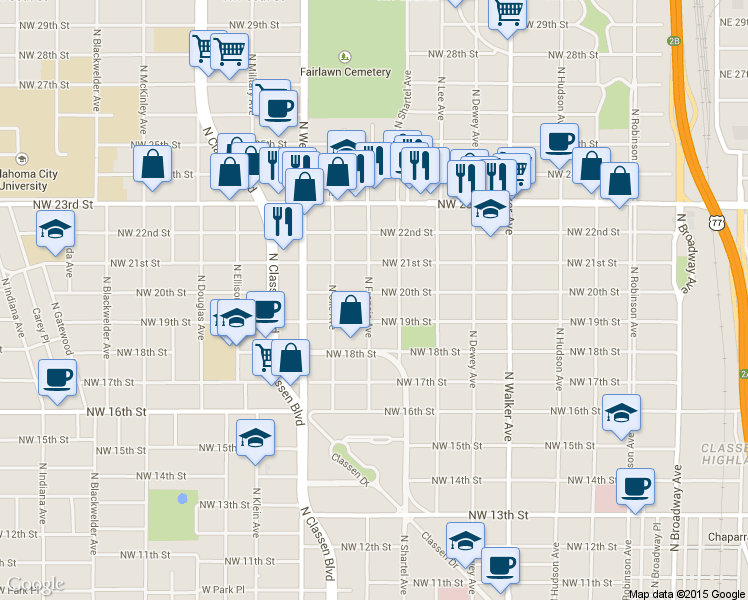 map of restaurants, bars, coffee shops, grocery stores, and more near 822 Northwest 20th Street in Oklahoma City