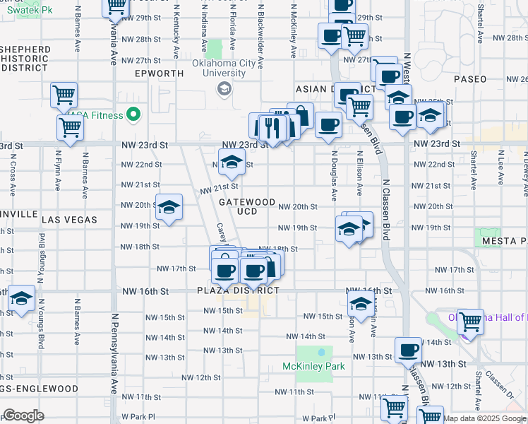 map of restaurants, bars, coffee shops, grocery stores, and more near 1712 Northwest 20th Street in Oklahoma City