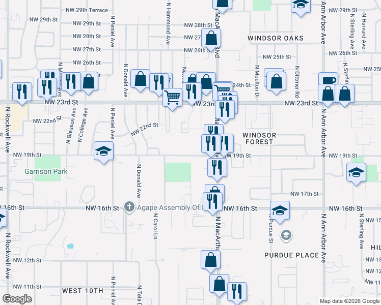 map of restaurants, bars, coffee shops, grocery stores, and more near 6105 Northwest 19th Street in Oklahoma City