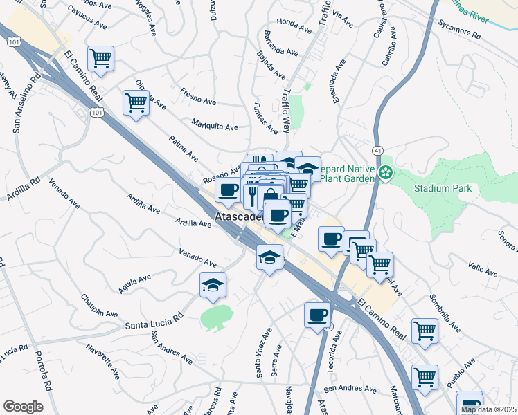 map of restaurants, bars, coffee shops, grocery stores, and more near 5900 Entrada Avenue in Atascadero